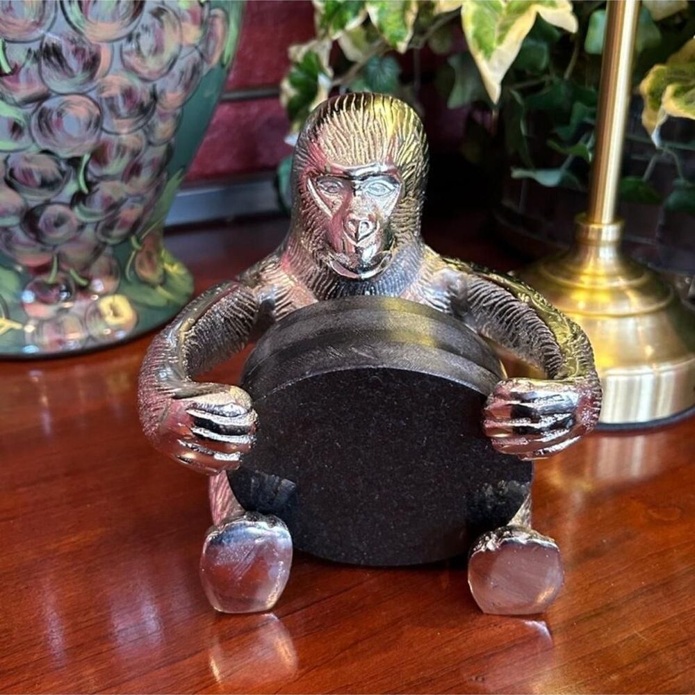 Silver Gorilla Black Marble Coasters & Holder Set